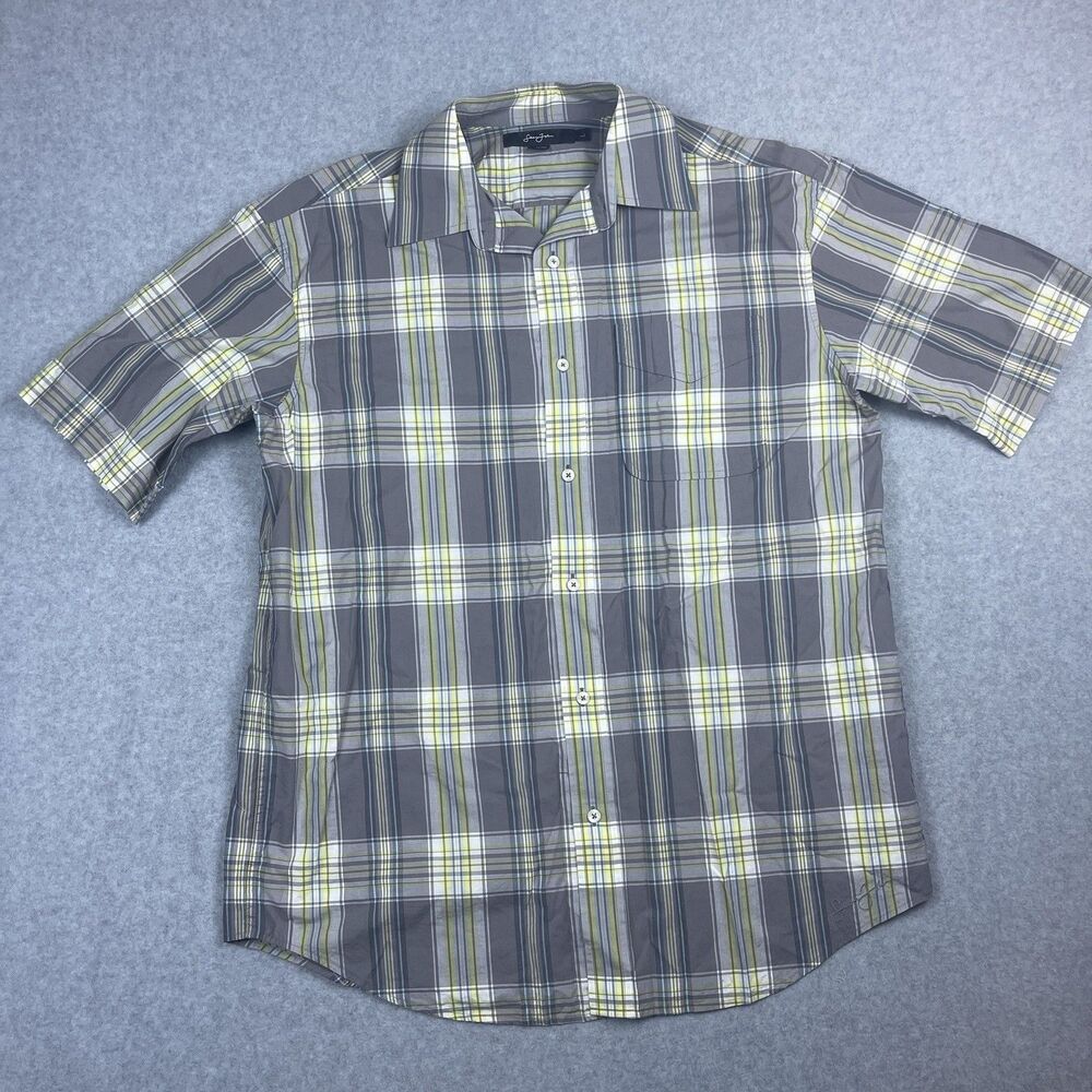 Sean John Men's Plaid Short Sleeve Button Up Shirt Gray Yellow Checkered Y2K